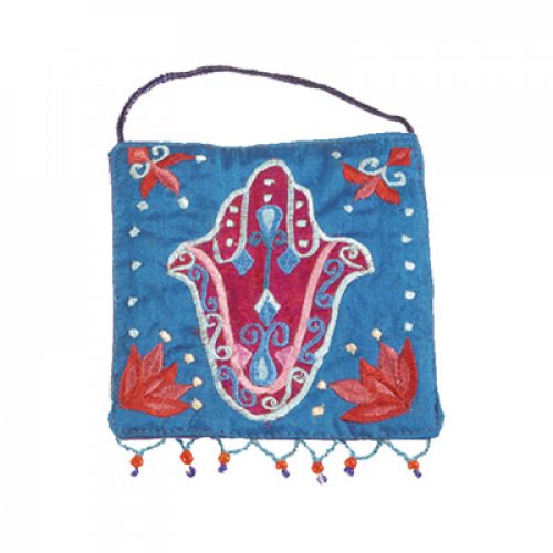Small Embroidered Blue Silk Wall Decoration, Hamsa - Yair Emanuel