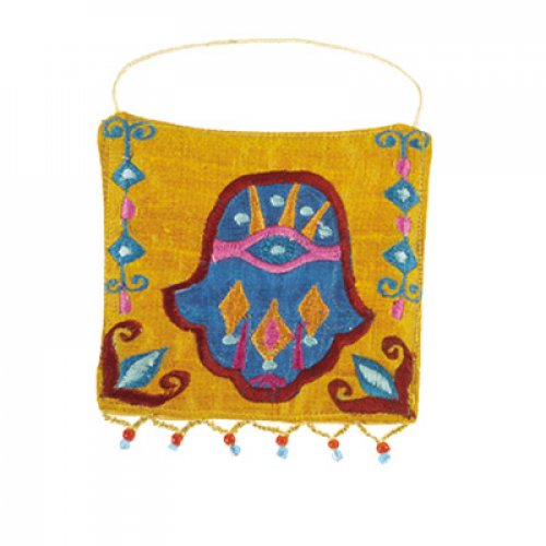 Small Embroidered Silk Hamsa Wall Decoration, Orange - Yair Emanuel