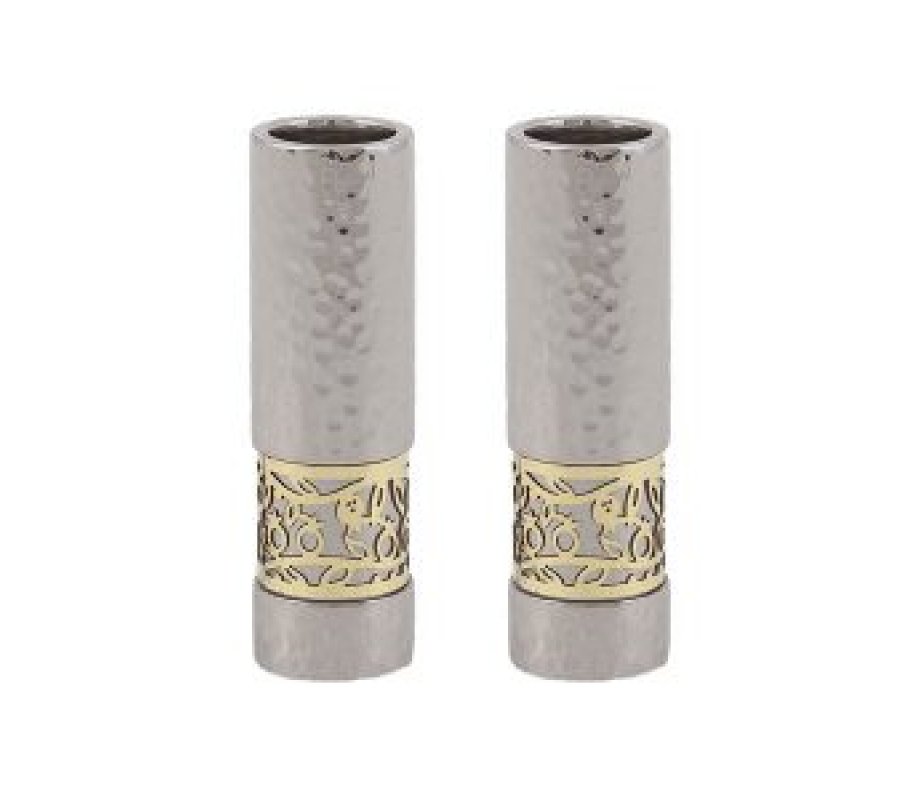 Small Hammered Silver Shabbat Candlesticks, Gold Pomegranates Band - Yair Emanuel