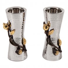 Small Hammered Two Tone Pomegranate Design Metal Candlesticks - Yair Emanuel