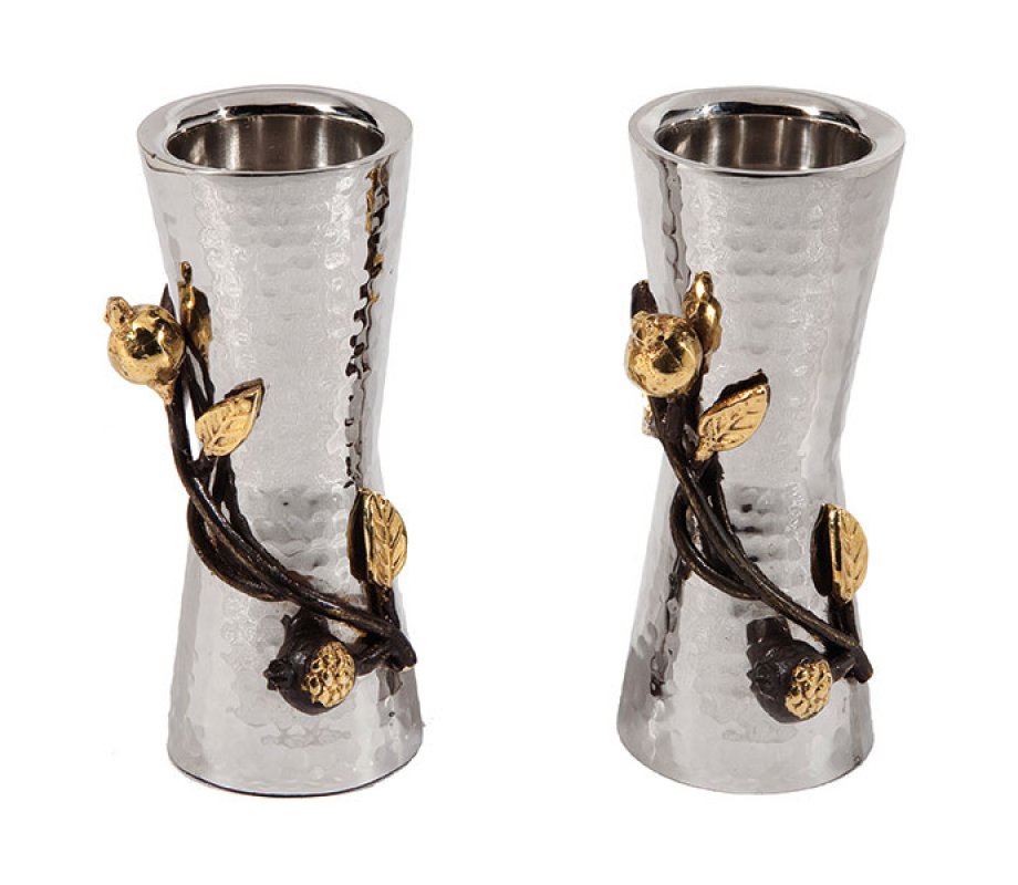 Small Hammered Two Tone Pomegranate Design Metal Candlesticks - Yair Emanuel