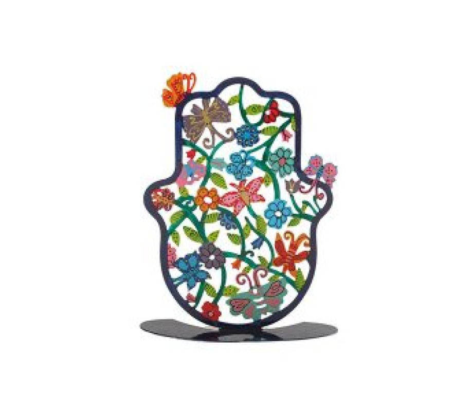 Small Hand Painted Hamsa on Stand – Flowers and Butterflies - Yair Emanuel