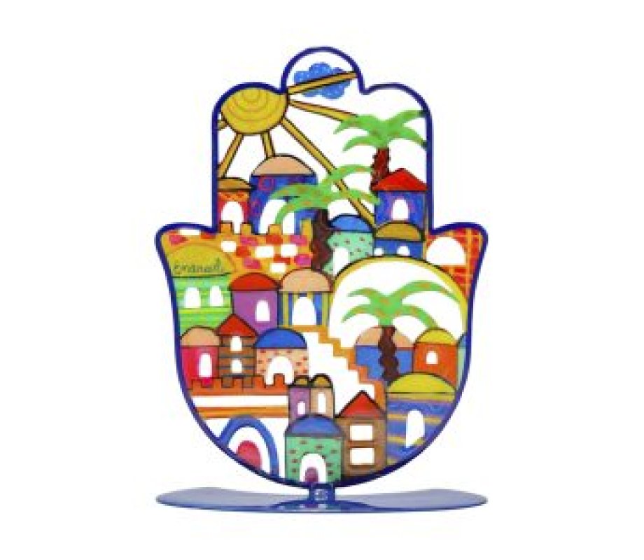 Small Hand Painted Hamsa on Stand, Colorful Jerusalem Images – Yair Emanuel
