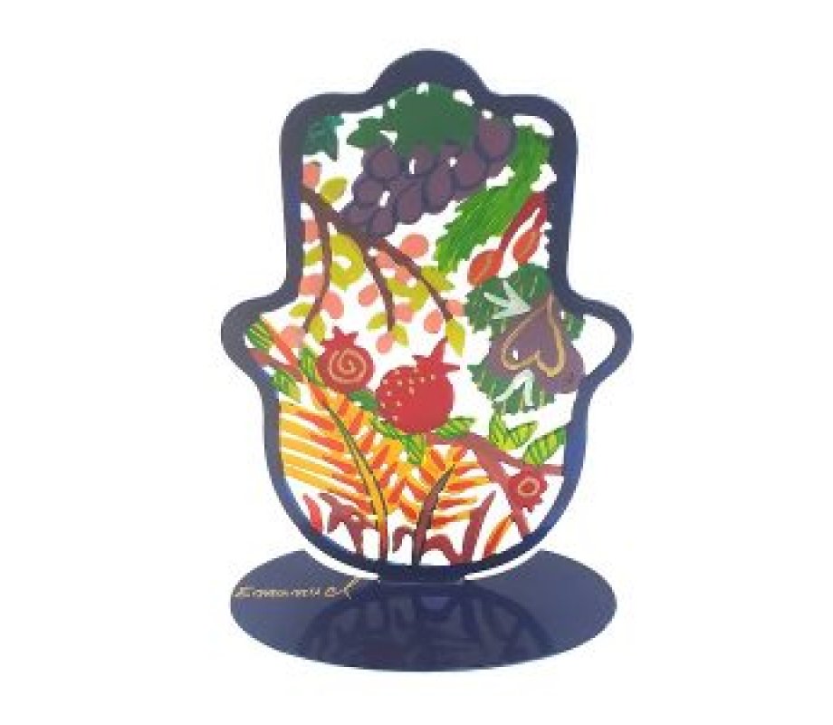 Small Hand Painted Hamsa on Stand, Seven Species of the Holy Land - Yair Emanuel