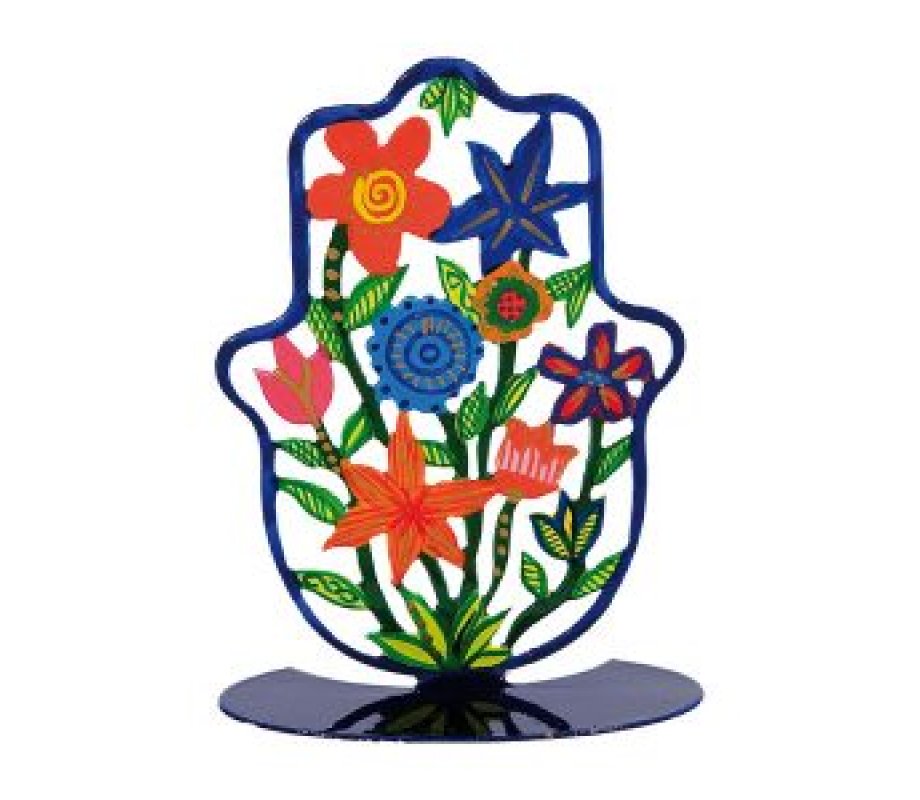 Small Hand Painted Hamsa on Stand with Colorful Flowers - Yair Emanuel