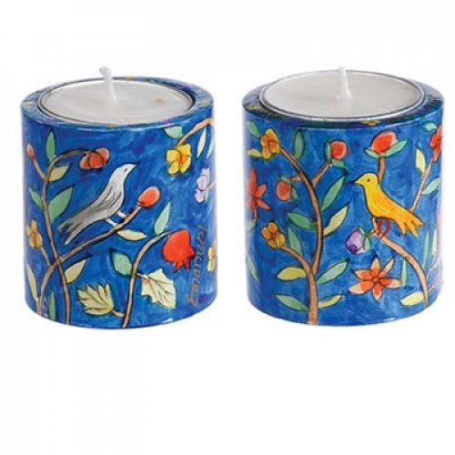 Small Hand Painted Wood Candlesticks, Birds & Pomegranates - Yair Emanuel