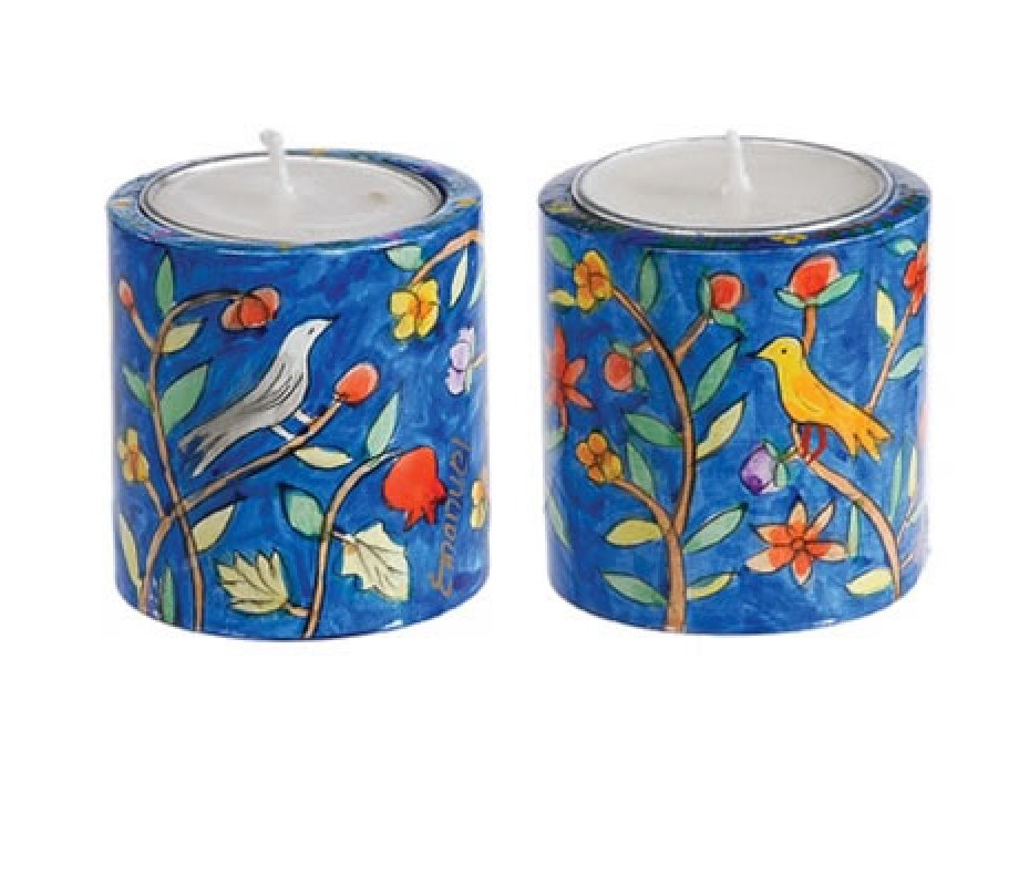 Small Hand Painted Wood Candlesticks, Birds & Pomegranates - Yair Emanuel