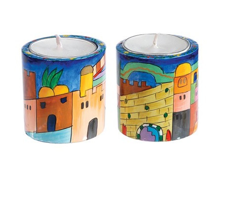Small Hand Painted Wood Candlesticks, Jerusalem - Yair Emanuel