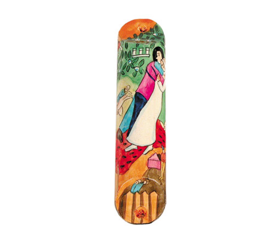 Small Hand Painted Wood Mezuzah, Bride and Groom - Yair Emanuel