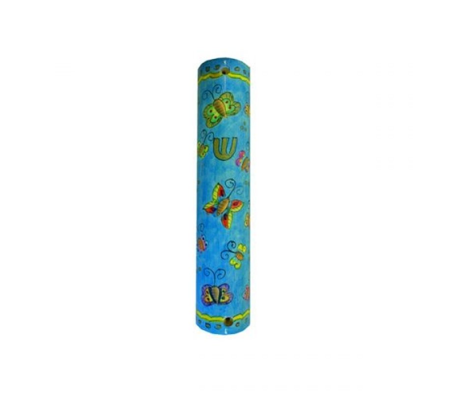 Small Hand Painted Wood Mezuzah Case, Colorful Butterflies - Yair Emanuel