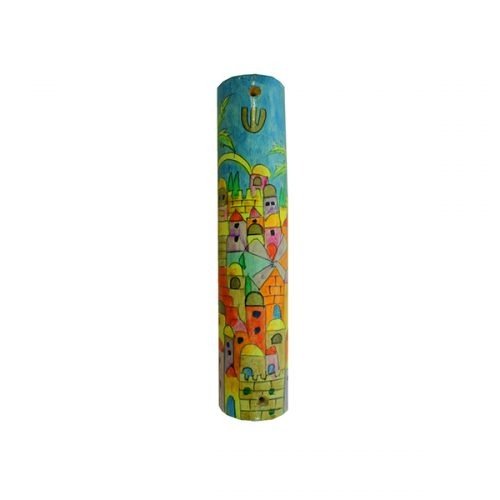 Small Hand Painted Wood Mezuzah Case, Colorful Jerusalem - Yair Emanuel