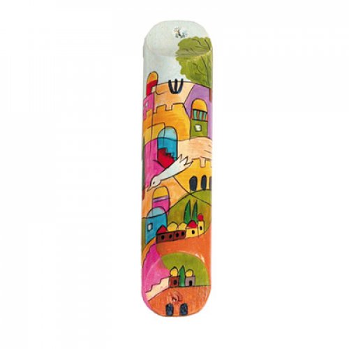 Small Hand Painted Wood Mezuzah Case, Dove over Jerusalem - Yair Emanuel