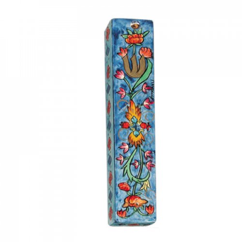 Small Hand Painted Wood Mezuzah Case, Floral Design - Yair Emanuel