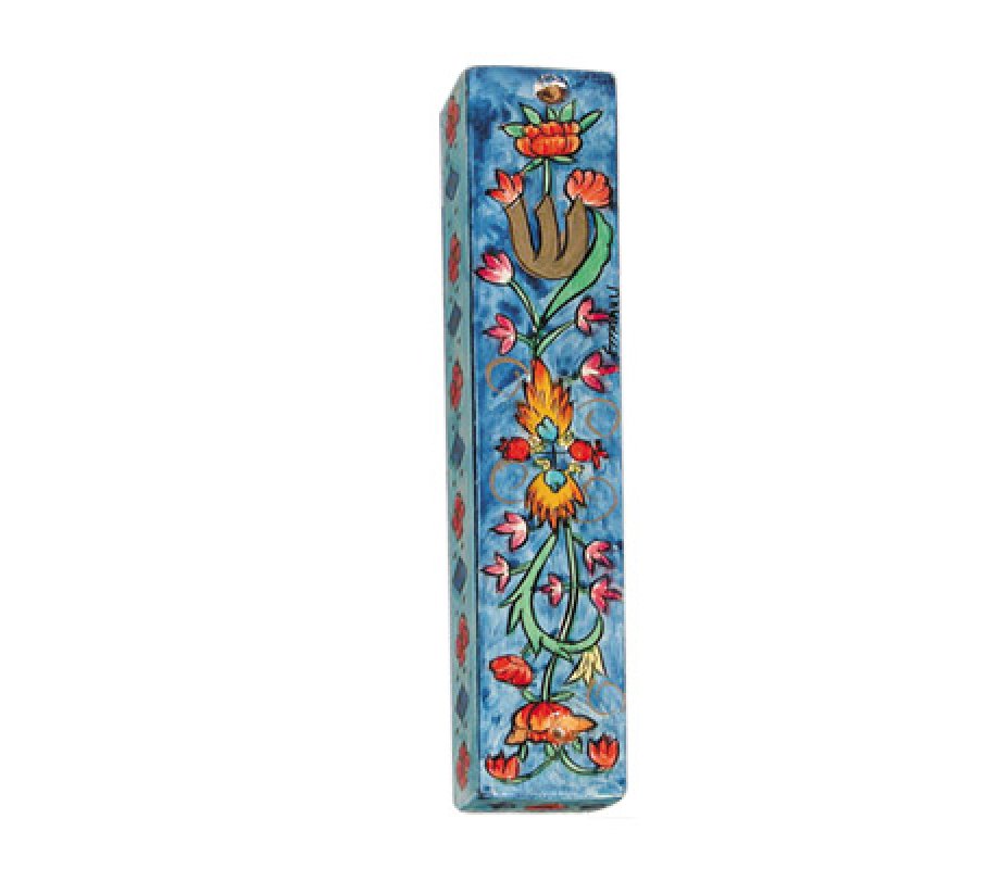 Small Hand Painted Wood Mezuzah Case, Floral Design - Yair Emanuel