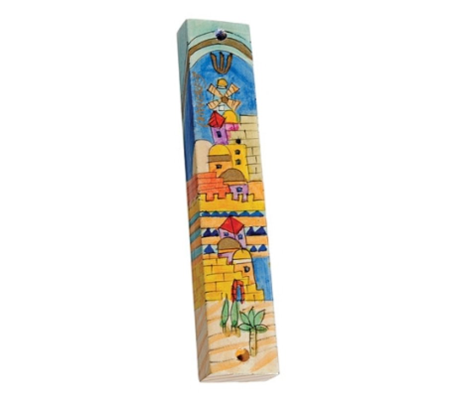Small Hand Painted Wood Mezuzah Case, Golden Jerusalem - Yair Emanuel