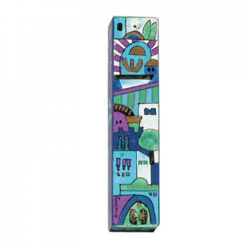 Small Hand Painted Wood Mezuzah Case, Jerusalem on Blue - Yair Emanuel