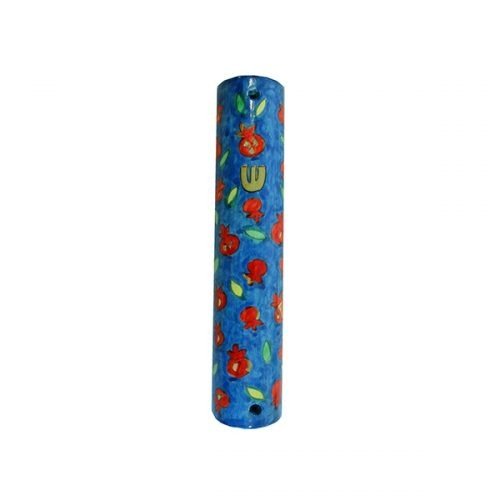 Small Hand Painted Wood Mezuzah Case, Red Pomegranates on Blue - Yair Emanuel