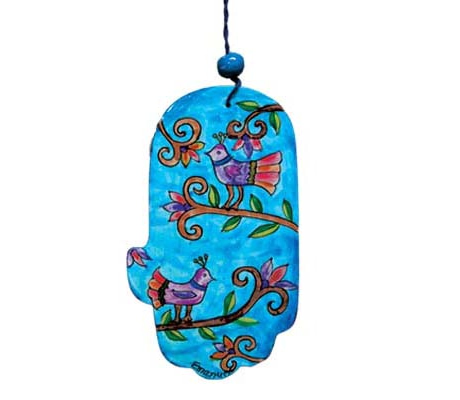 Small Hand Painted Wood Wall Hamsa, Birds on Blue - Yair Emanuel