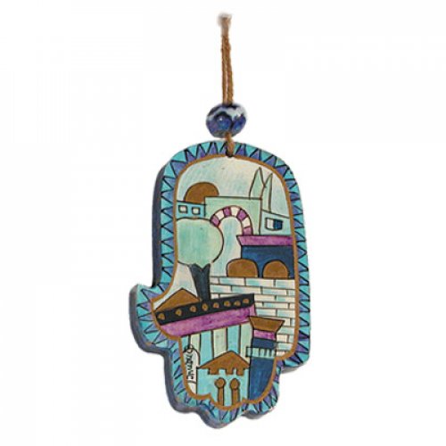 Small Hand Painted Wood Wall Hamsa, Blue Jerusalem Images - Yair Emanuel