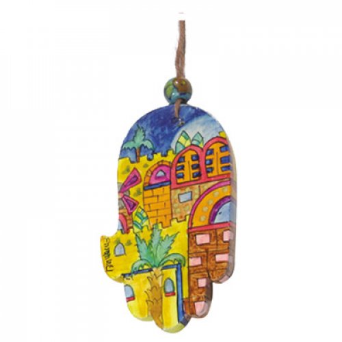 Small Hand Painted Wood Wall Hamsa, Golden Jerusalem Images - Yair Emanuel