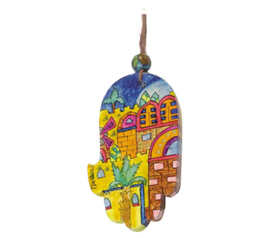 Small Hand Painted Wood Wall Hamsa, Golden Jerusalem Images - Yair Emanuel