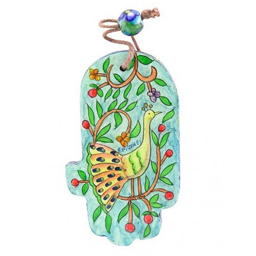 Small Hand Painted Wood Wall Hamsa, Green and Gold Peacocks - Yair Emanuel