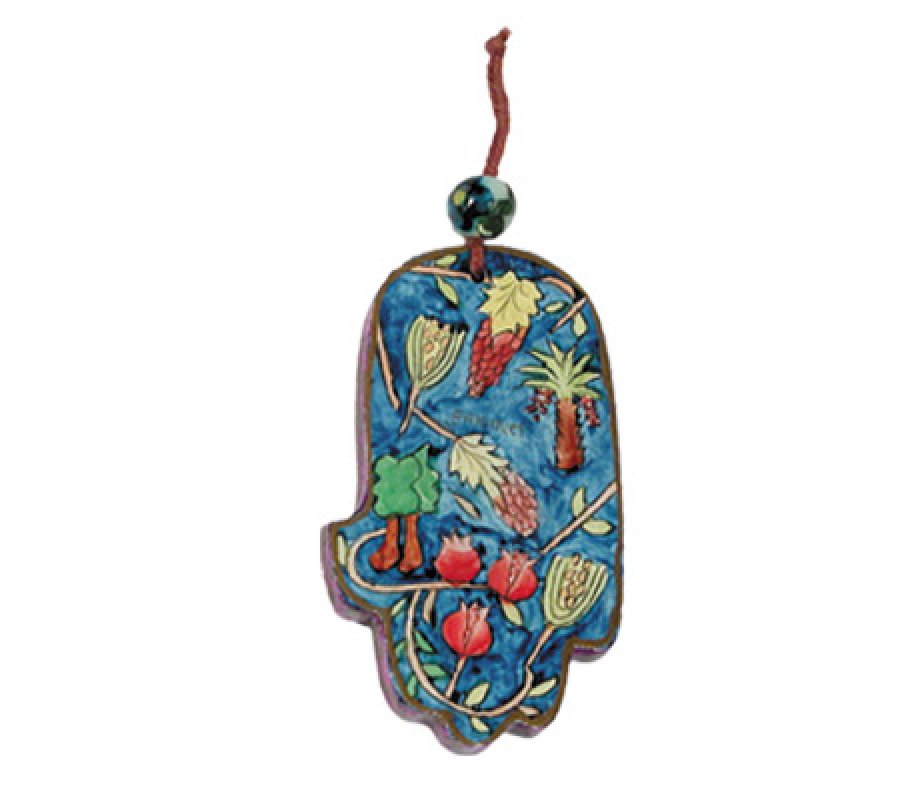 Small Hand Painted Wood Wall Hamsa, Jewish Motifs - Yair Emanuel