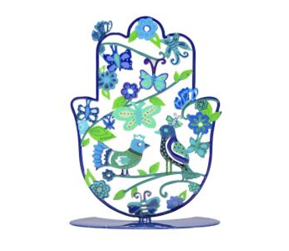 Small Hand-painted Hamsa on Stand, Blue Birds Flowers and Butterflies - Yair Emanuel