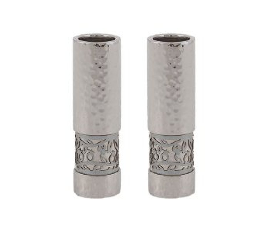 Small Sabbath Candlesticks with Silver Pomegranate Band, Hammered - Yair Emanuel