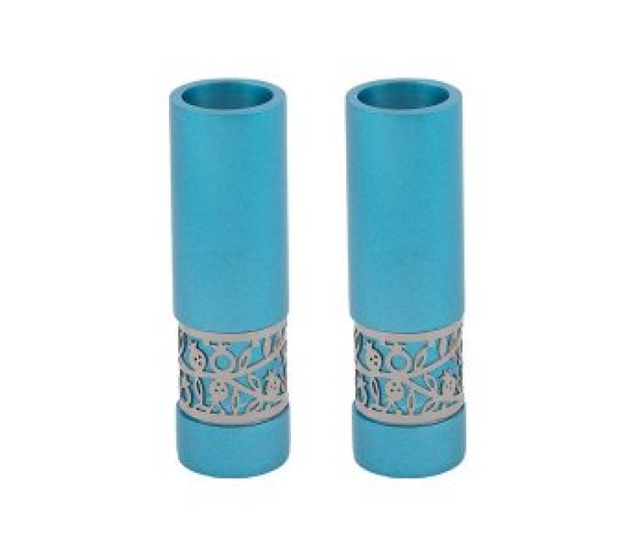 Small Sabbath Candlesticks with Silver Pomegranates Band, Turquoise - Yair Emanuel