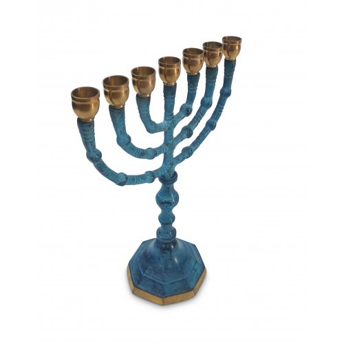 Small Seven Branch Menorah, Turquoise Patina and Gold Meal on Brass - 8