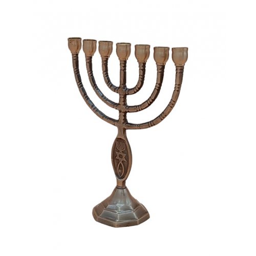 Small Seven Branch Menorah with Brass Antique Finish, Fish Design - 8 Height