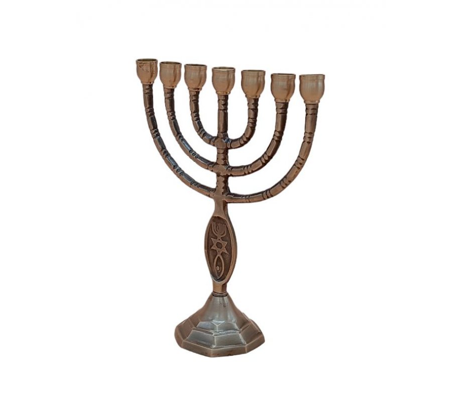 Small Seven Branch Menorah with Brass Antique Finish, Fish Design - 8” Height