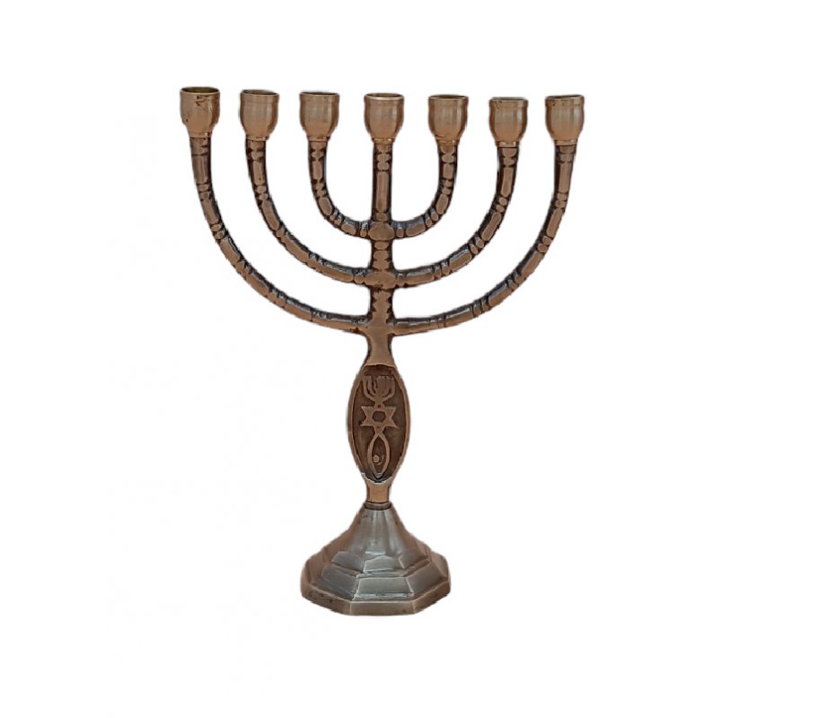 Small Seven Branch Menorah with Brass Antique Finish, Fish Design - 8” Height