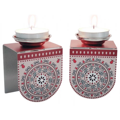 Small Shabbat Candlesticks Pomegranate Design, Red and Pink - Dorit Judaica