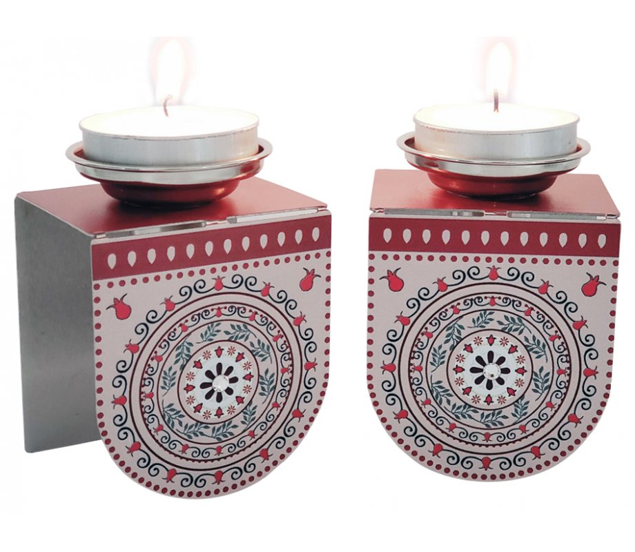 Small Shabbat Candlesticks Pomegranate Design, Red and Pink - Dorit Judaica