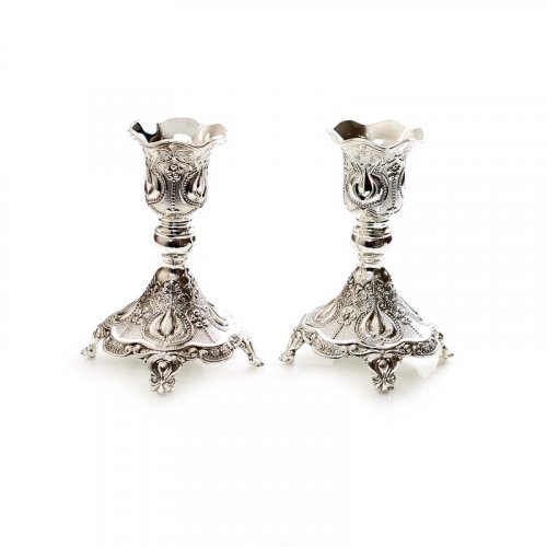 Small Silver Plated Candlesticks with Ornate Decorative Filigree