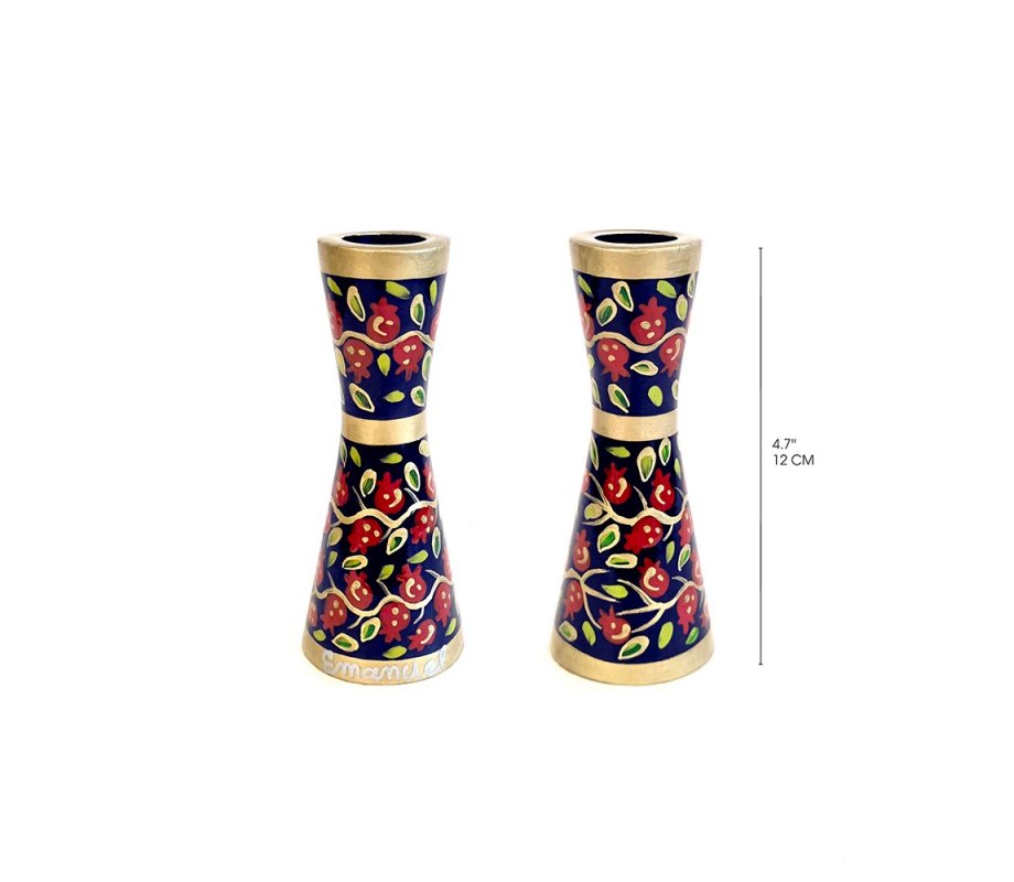 Small Stainless Steel Red Pomegranates on Blue Candlesticks - Yair Emanuel