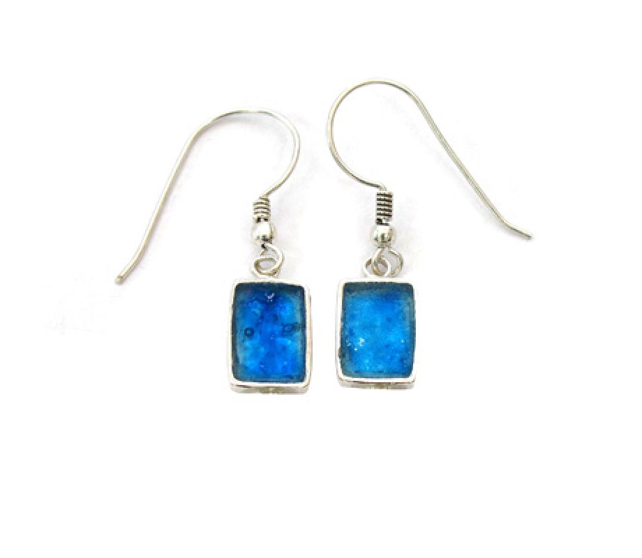 Small Sterling Silver Drop Earrings with Roman Glass in a Rectangle - Michal Kirat