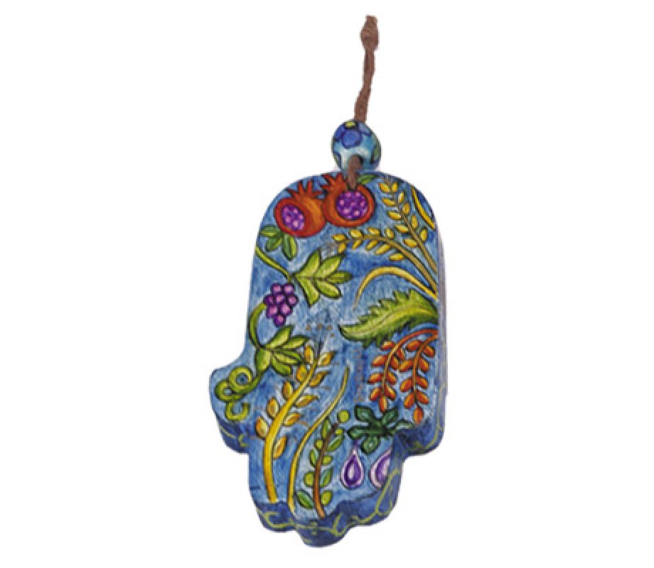 Small Wood Wall Hamsa, Hand Painted Seven Species Blue - Yair Emanuel