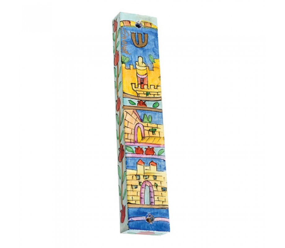 Small hand Painted Wood Mezuzah Case, Jerusalem Gates - Yair Emanuel