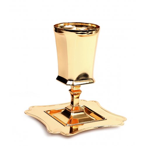 Smooth Finish Gold Kiddush Cup with Stem, Matching Tray - Square Design
