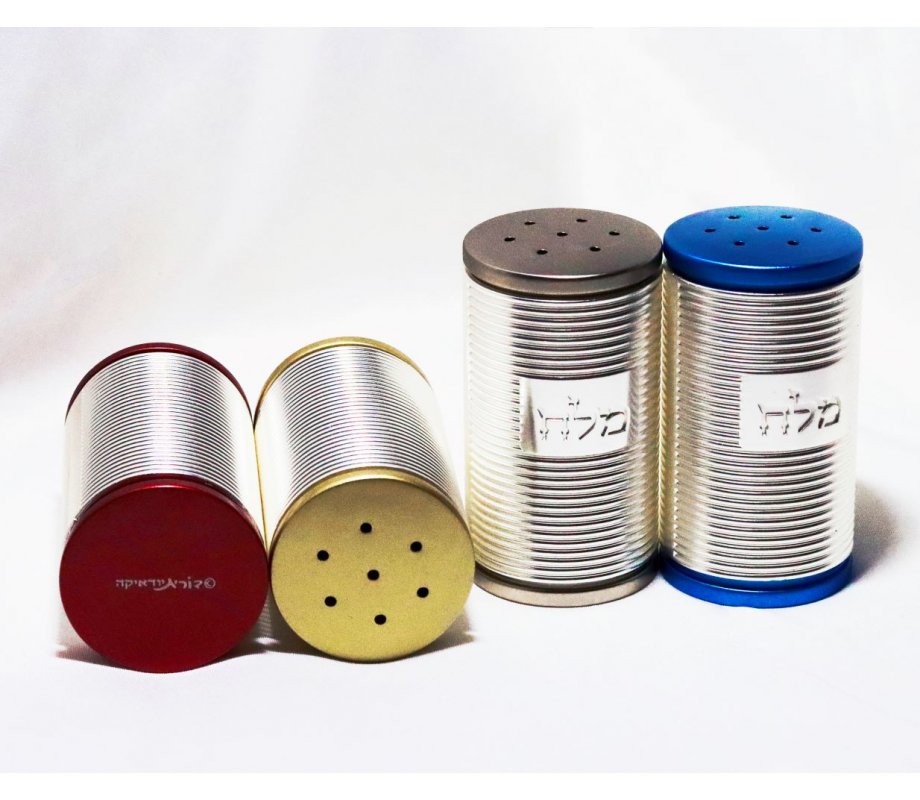 Spiral Design Salt Shaker with Hebrew Plaque, Silver and Gold - Dorit Judaica
