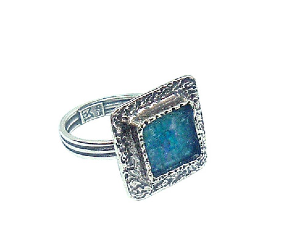 Square Textured Sterling Silver Ring, with Roman Glass, Adjustable Band - Michal Kirat