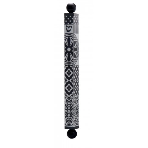 Square Tube Mezuzah Case with Knobs, Black and Gray Shapes  Dorit Judaica