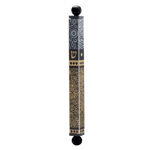 Square Tube Mezuzah Case with Knobs, Gold and Gray Leaves - Dorit Judaica