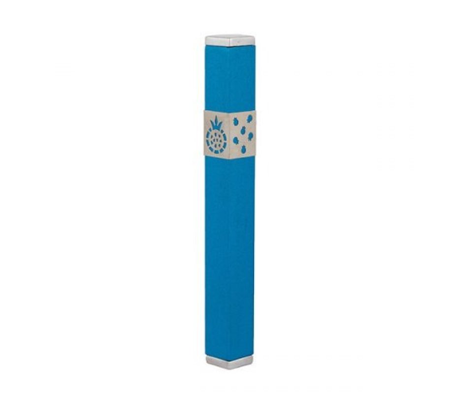 Stainless Steel Cutout Pomegranates Mezuzah Case, Blue-Turquoise - Yair Emanuel