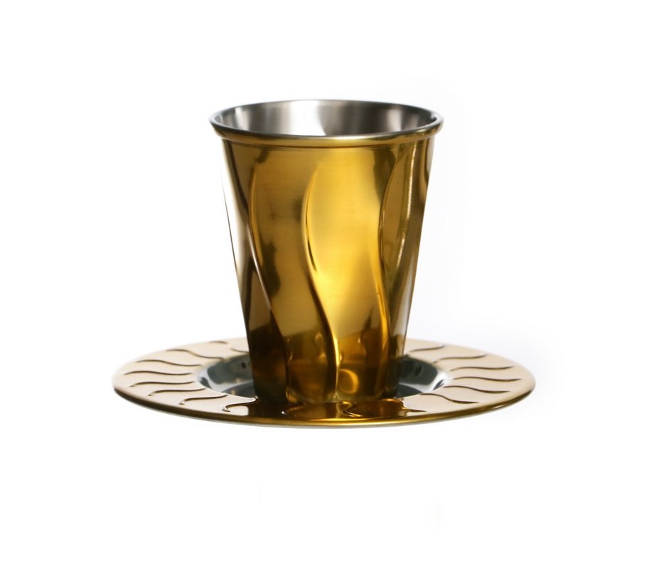 Stainless Steel Kiddush Cup Set with Decorative Verical Gold Wave