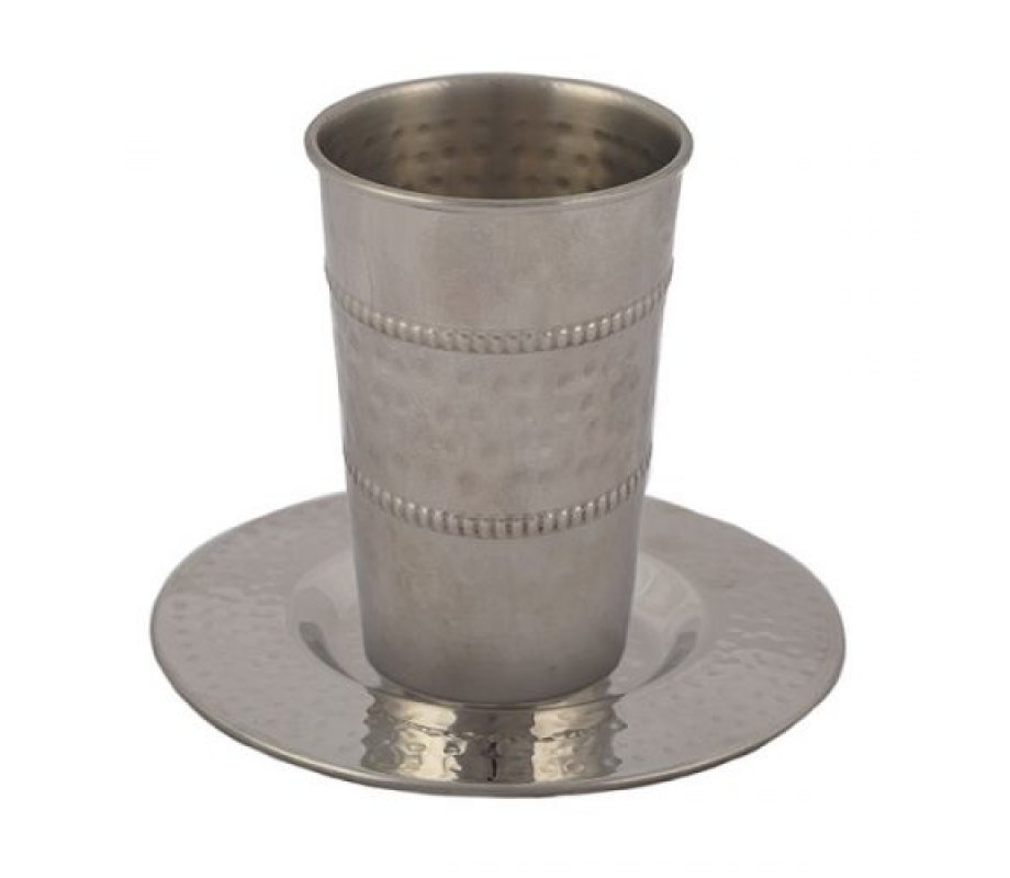 Stainless Steel Kiddush Cup and Saucer, Hammered Stripe - Yair Emanuel