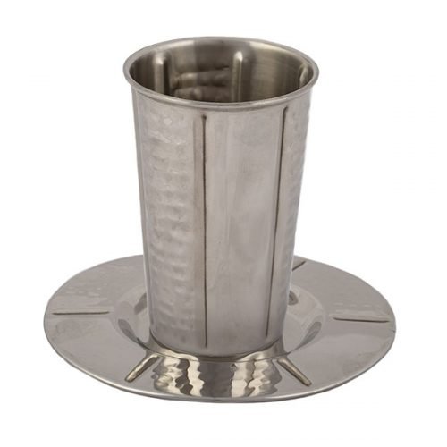Stainless Steel Kiddush Cup and Saucer, Vertical Hammered Stripe - Yair Emanuel